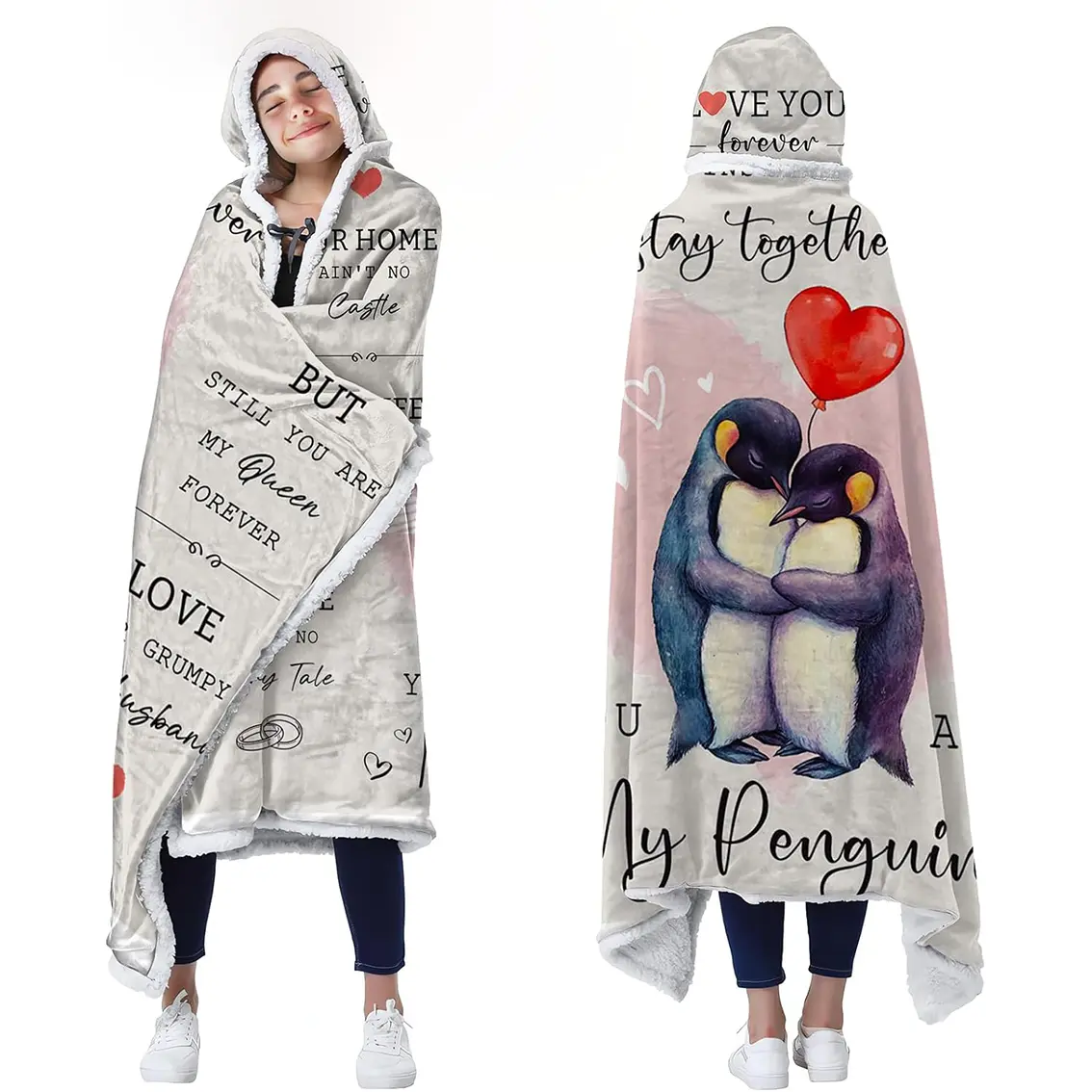 1pc Wearable hooded blanket for an anniversary or wedding, unisex, penguin pattern hoodie, Christmas gift, a gift to express love, for your boyfriend/girlfriend, for your wife, for her/his birthday, a couple's gift, lamb fleece hooded blanket.