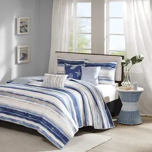 Set Cottage, 6 Piece Set - All Season, Coverlet Bedspread Lightweight Bedding Layer, Shams, Toss Pillows, King/Cal King(104"x94"), Blue/White