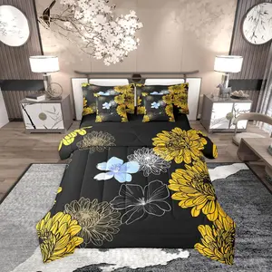 Feelyou 7-Piece Yellow Black Floral Aesthetic Boho Bedding Set, Romantic Japanese-Style Comforter Bed Set for Women, Bedding Sets