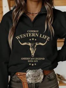 Western Cowboy Letter Half-Zip Stand Collar Fitted Sweatshirt, Fashion Women's Clothing, Comfortable & Stylish, Easy to Pair, Must-Have Closet Addition