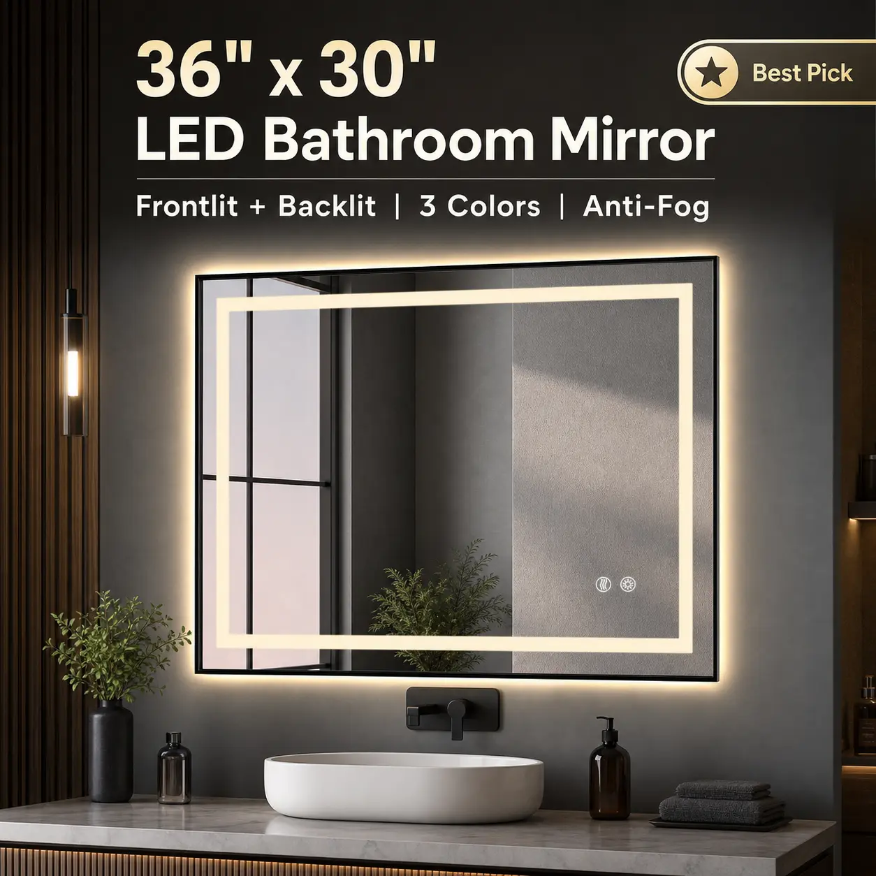 36 x 30 inch LED Bathroom Mirror, Black Framed Wall Mounted Vanity Mirror, Anti-Fog & Dimmable, Frontlit and Backlit Smart Mirror with 3 Color Lights