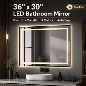 36 x 30 inch LED Bathroom Mirror, Black Framed Wall Mounted Vanity Mirror, Anti-Fog & Dimmable, Frontlit and Backlit Smart Mirror with 3 Color Lights