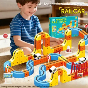 88PCS Electric Magnetic Train Track Set Flexible Track DIY Race Car Track Building Kits with Train and Traffic Signs STEM Learning Building Toy for Kids Birthday Gift