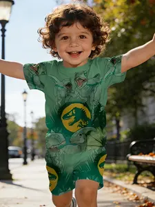 Jurassic Dinosaur Digital Print Baby & Toddler Short Sleeve Set, Casual Kids' Wear for Boys and Girls, Suitable for Daily and Outdoor Sports T-Shirts, 100% Polyester, Perfect Gift for Infants and Toddlers!