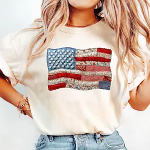 Faux Patchwork American Flag Shirt, Vintage Faux Quilted USA Graphic Tee