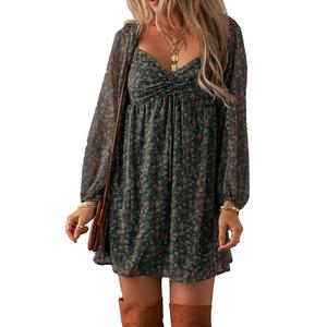 Asvivid Women's Fashion Trend Floral Print Sweetheart Neck Shirred Front Mini Dress Casual Long Sleeve Dresses Spring Fall Clothes#DealsForYouDays