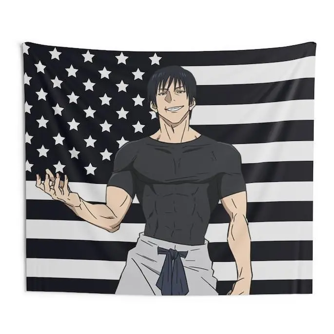 Toji Black USA Flag Linen-Cotton Tapestry - Jujutsu Kaisen Anime Decor with Light, Living Room Wall Decor, Outdoors Backdrop, Funny Gift for Toji Fans