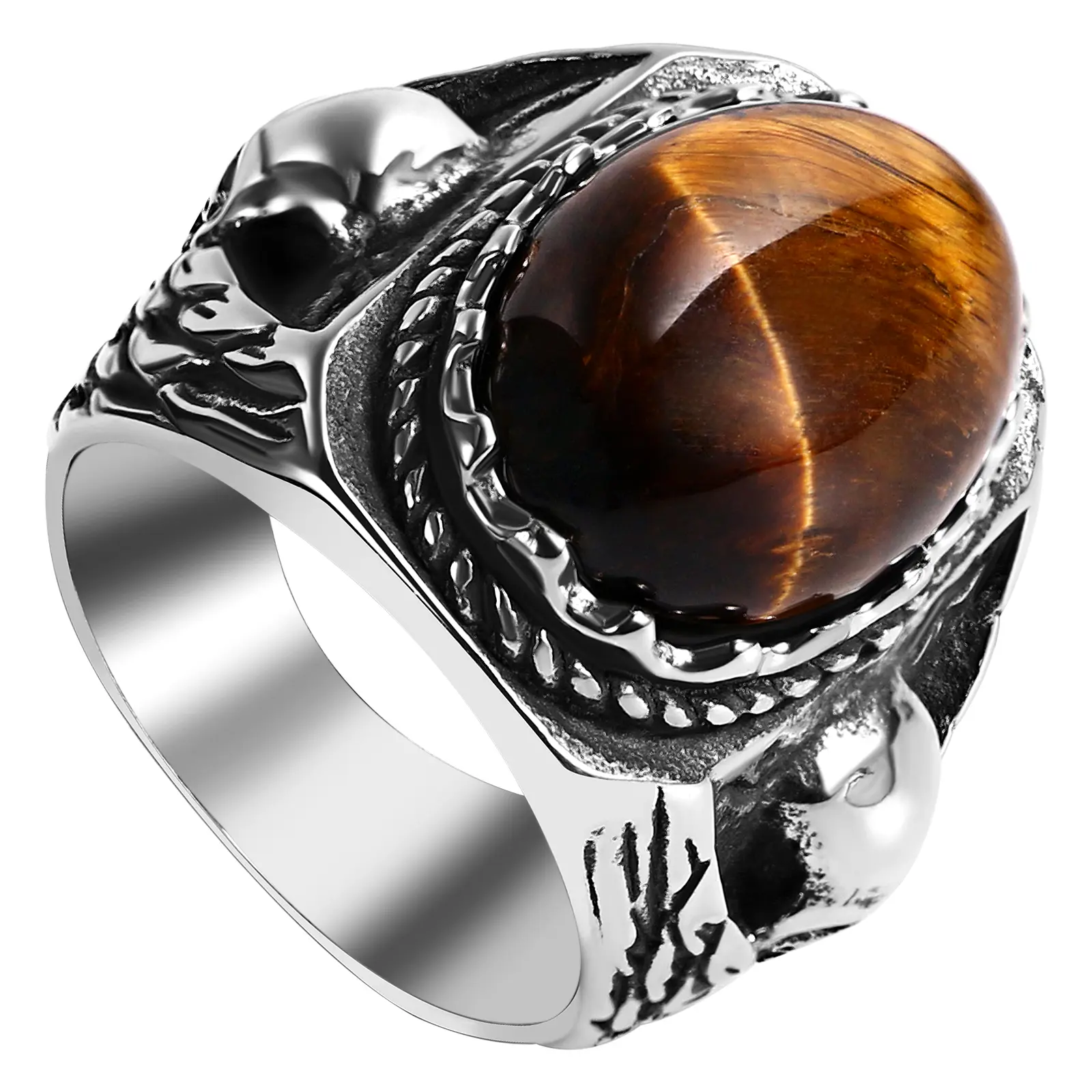 OIDEA Unisex Vintage Aesthetic Tiger's Eye Ring - Multi-Size Wear-Resistant Stainless Steel, Large Oval Stone Skull Wings Gothic Signet, Men's Accessories Biker Motorcycle Jewelry, Mens Gifts