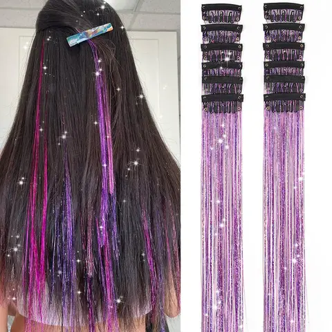 Women's 6-Pcs Clip-in Hair Tinsel Kit - 20-in Heat-Resistant (Up to 356°F) Polyester Fiber Glitter Extensions with Simple Clips, Instant Glam for Bar Carnival, Female Girls Kids Synthetic Hair Accessory