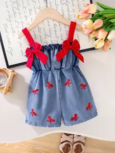 Cute Baby Girl Summer Bow Embroidery 3D Dual Bow Patchwork Colorblock Waist Halter Denim Romper Bodysuit, Adorable Infant, Trendy Design, Baby Girl Clothes