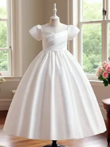 Girl's Bow Decor Plicated Pleated A Line Dresses, Elegant Sweetheart Neck Short Sleeve Zipper Back Dress for Party Wedding Guest, Kids Clothes for All Seasons