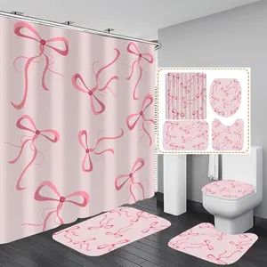 4Pcs Pink Bow Shower Curtain Set Cute Bathroom Shower Curtains with 12 Hooks Bow Knot Aesthetic Bathroom Sets with Shower Curtain and Accessories