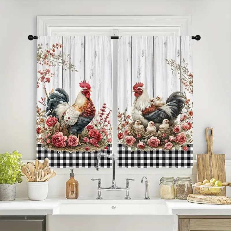 [Vintage Window Curtains] 2pcs PUDUOH Farmhouse Ruffle Layered Polyester Curtains - Light Filtering, Rod Pocket, Double Layer Darkening, Floral Rooster Print Drapery Panels for Living Room, Kitchen Decor, Layered Curtains