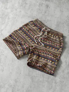 Men's Cultural Ethnic Geometric Pattern Shorts, Vintage Design, Elastic Waist Drawstring, Summer Loose Casual Beach Pants
