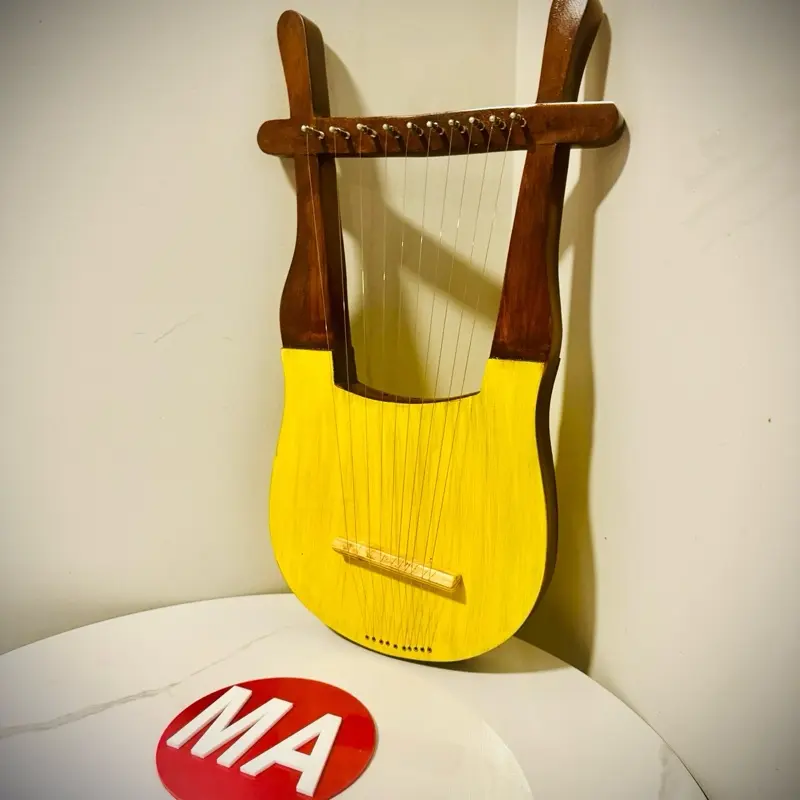 Handcrafted 10-String Yellow Wooden Lyre Harp with Tuning Key & Carry Bag – Ancient-Style Musical Instrument
