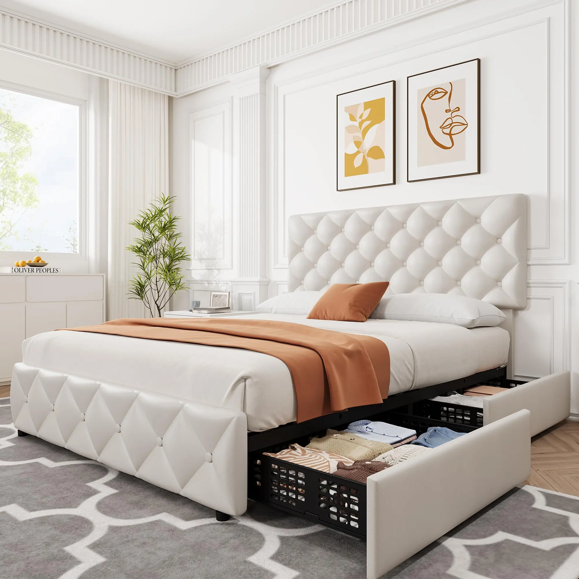 Garvee Linen Upholstered Minimalist Platform Bed Frame - Diamond Stitched Button Tufted, 4 Storage Drawers, Wooden Slats Support, Silent, Headboard/Footboard Options, No Box Spring Needed, Luxury Bed Frames (Full, Queen, King Sizes in Multiple Colors), Mo