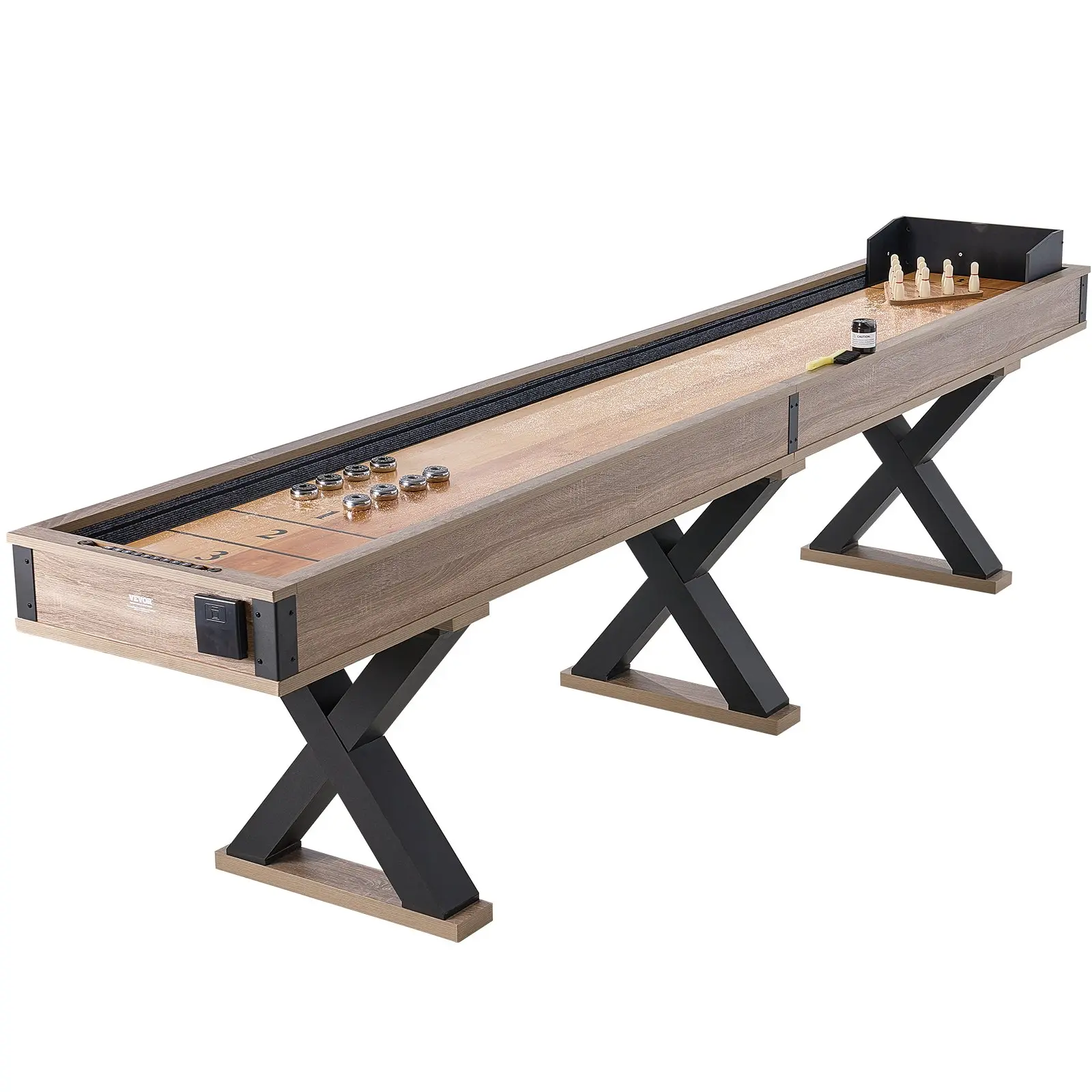 VEVOR Shuffleboard Table, 11.5 ft Shuffleboard for Family Game Rooms, 2 in 1 Shuffleboard and Bowling Combo Game Set, with Scratch-Resistant Playfield, Legs, 8 Pucks, Bowling Set, Wax, and Table Brush