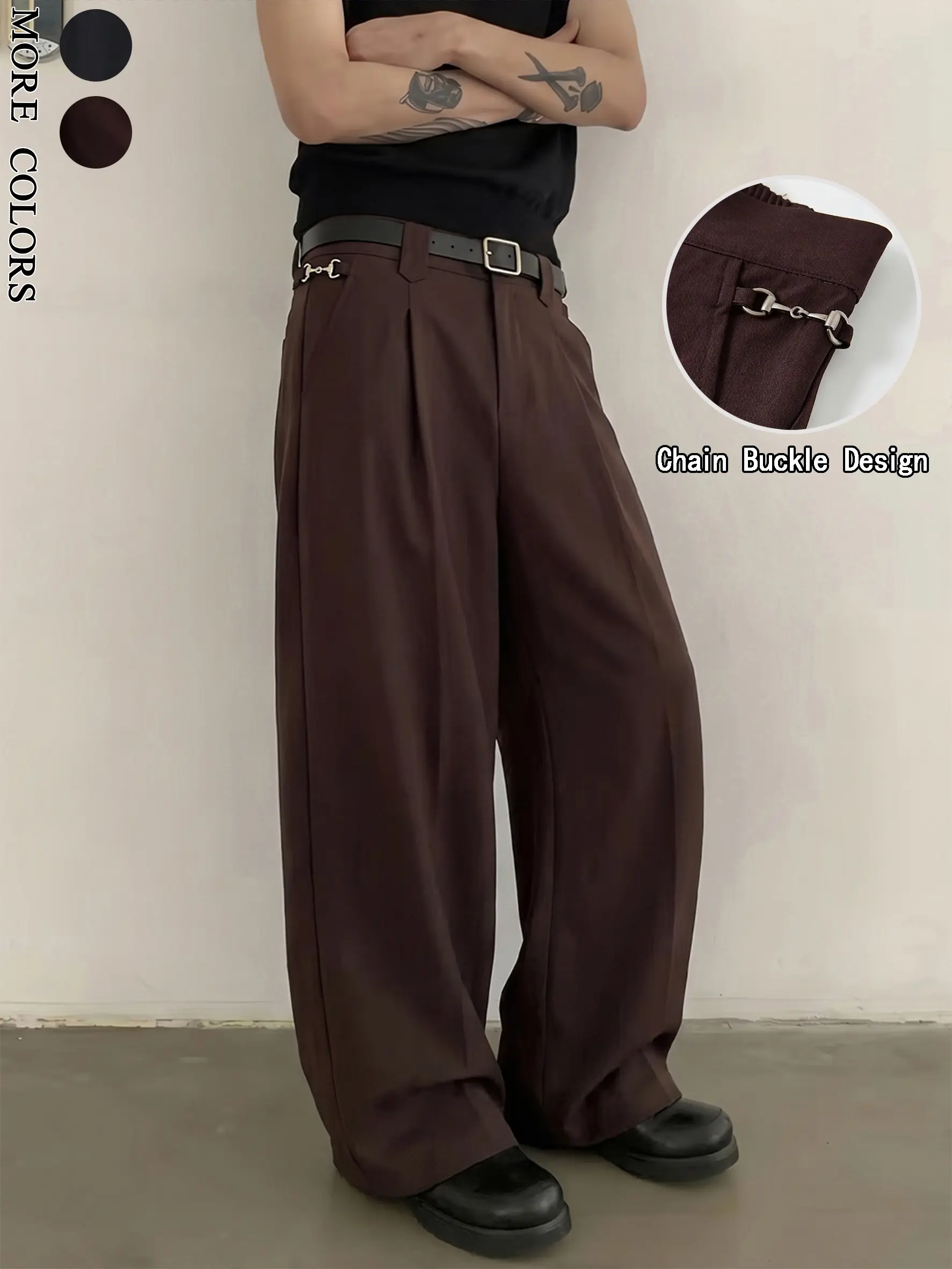 Menswear Stylish 4-Way Stretch Wide Leg Men's Pants - Adjustable Detachable Metal Side Chain, Sword Tip Belt Loops, Elastic Back Waist, Wrinkle-Resistant Non-Iron for Business Day Wear