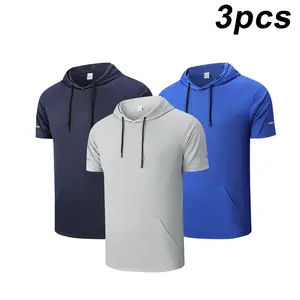 Men's Hooded Short Sleeve T-Shirts - 3pcs Set, Breathable & Comfortable Fabric, Casual Pocket Design, Solid Color, Stylish Sports & Leisure Wear for Summer Activities.