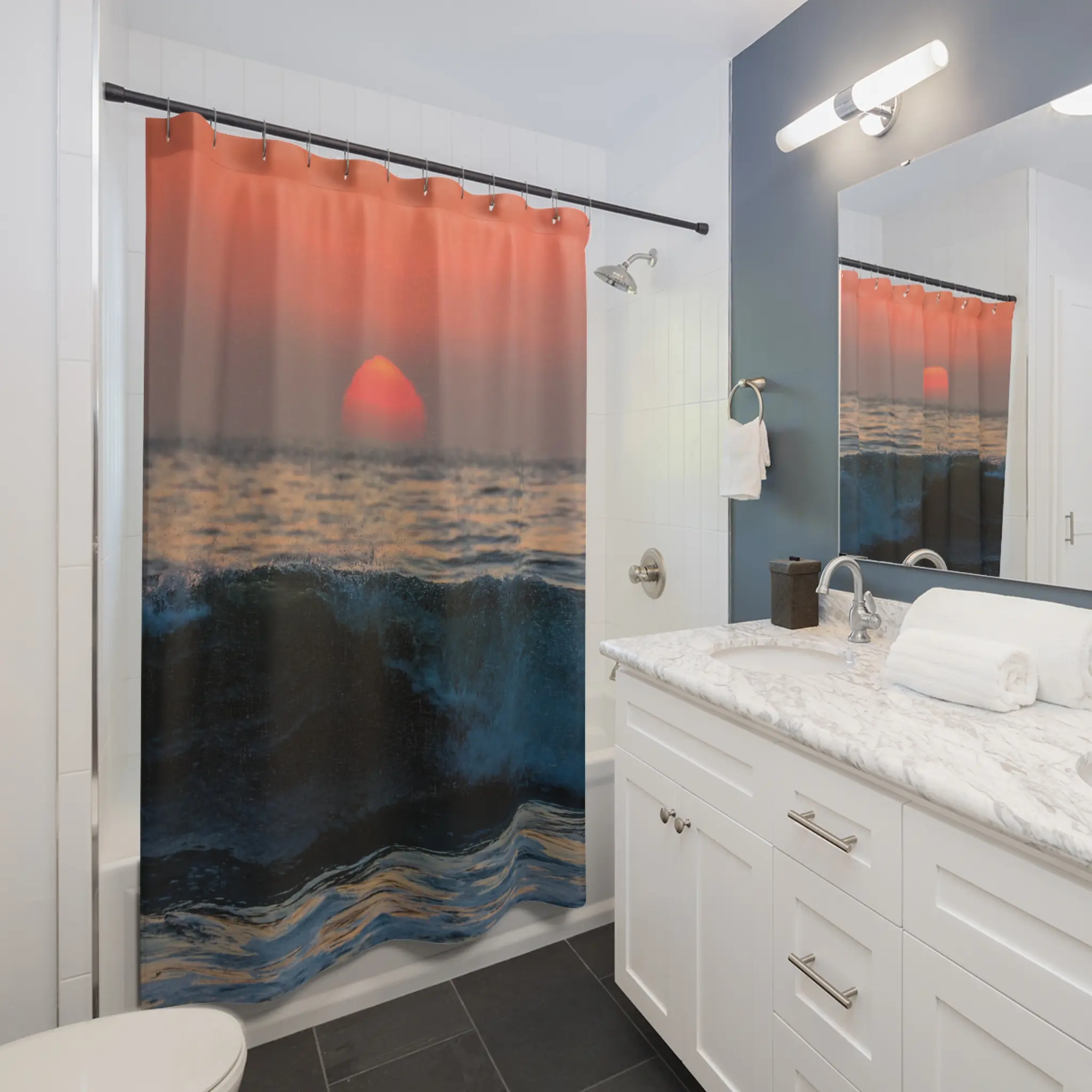 Surfer Wave Sunset Shower Curtain for Beach House Bathroom Decor. Beach lover gift. Surf Life home decor. Surf Shack home decor.