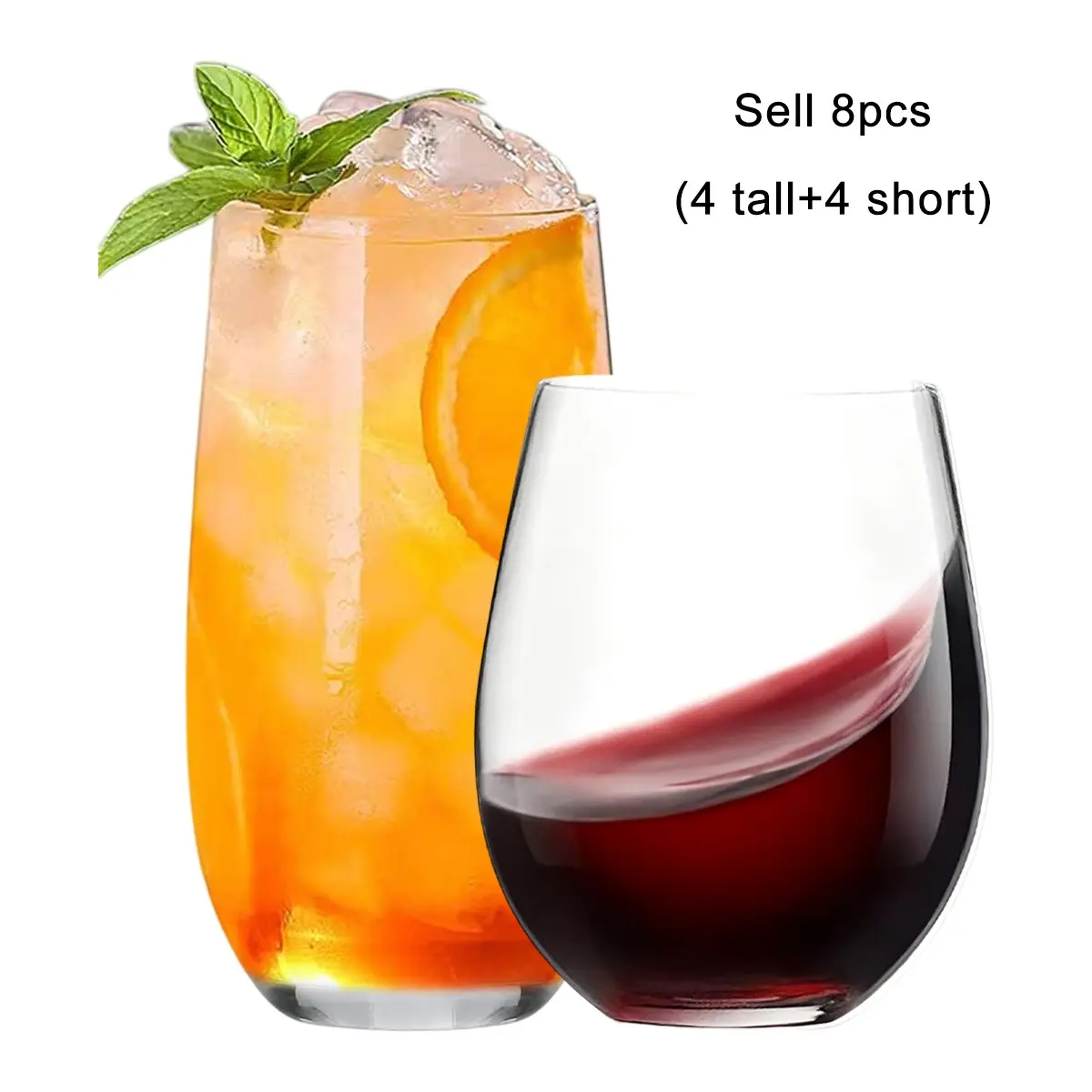 Drinking Glasses Set of 8, Includes 17oz Highball Glass and 18oz Stemless Wine Glass, Kitchen Glassware, 4/8 Pieces, Glass Packs, Drinkware, Kitchen Drinkware Cups, Glass Beverage Cups