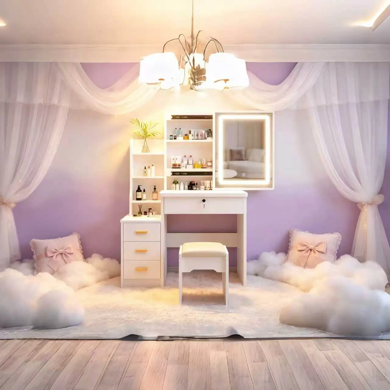 Dressing Table Set Makeup Vanity with Drawers Lights Shelves Left Right LED 3-Color Dimmable Mirror Stool for Makeup Enthusiasts White Finish hidden storage capacity