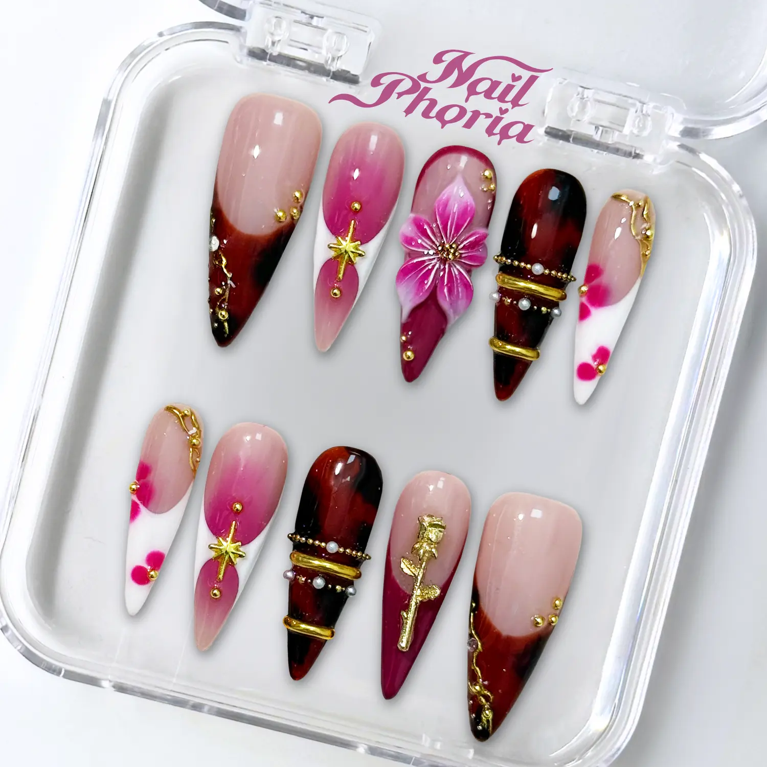 NailPhoria BLEEDING ROSE -SUMMER Handmade Press-On Nails | Reusable, Salon-Quality, Long-Lasting, Glossy Design