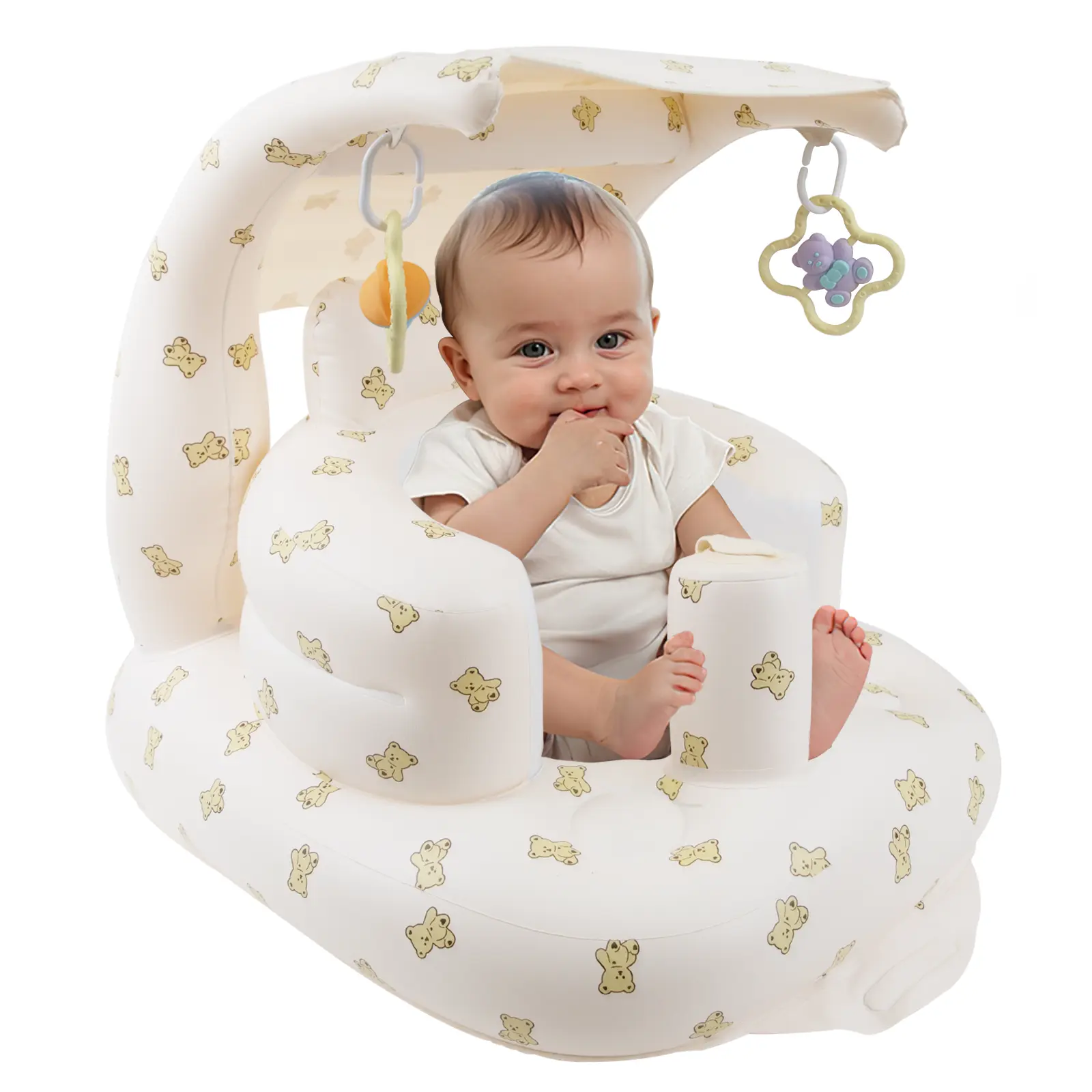 [Upgraded] Inflatable Baby Seat with Canopy and Toys and Built-in Air Pump - Ideal for Babies 3 Months & Up, Ensures Comfortable Sitting on the Floor