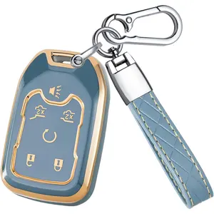 for GMC Key Fob Cover with Keychain - TPU Key Case Shell Protector Compatible with Chevy Suburban Tahoe Silverado and GMC Yukon Acadia Terrain Sierra 6 Button Smart Remote Key, Blue
