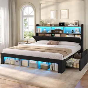 ADORNEVE California King Bed Frames with 4 Storage Drawers, Footboard Cubbies and RGB Lights, Corduroy Upholstered Platform Bed with Power Outlets and Storage Headboard, No Box Spring Needed