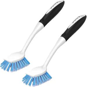 Dish Brush with Handle, 2 Pack Stiff Bristles Dish Scrubber with Built-in Scraper Dish Scrub Brushes for Cleaning Dishes, Pots and Pans, Kitchen Sink Utensils