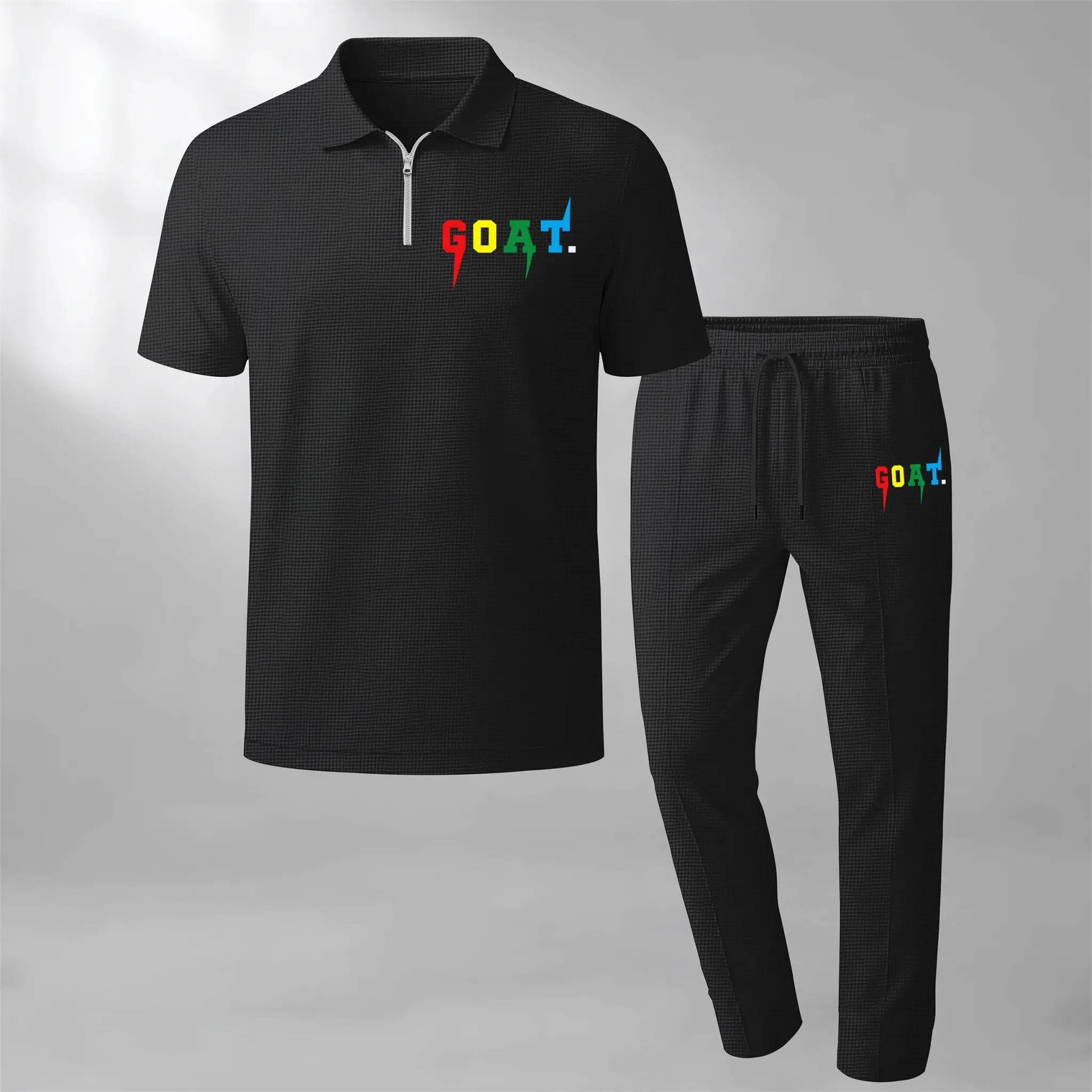 Men's GOAT Print Zip-Neck Short-Sleeve Polo Shirt and Trousers Two-Piece Set, made with waffle knit fabric, breathable and comfortable, soft texture, and a relaxed fit, suitable for everyday casual wear.