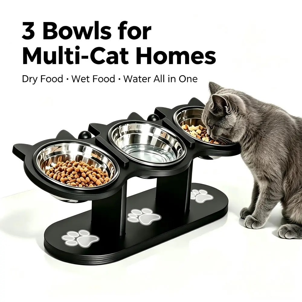 3 Bowl Elevated Cat Feeder with Food Water & Treat Bowls, 15° Tilted Raised Cat Bowl Stand with Detachable Stainless Steel Bowls, Anti-Slip Base, Ergonomic Design Reduces Neck Strain, Easy Clean Stable Pet Feeding Station