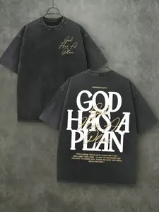 Men's Vintage Washed T-Shirt, Dual-Sided Print, 230 Pure Cotton Material, God Has His Own Plan Letter Print, Casual Street Style