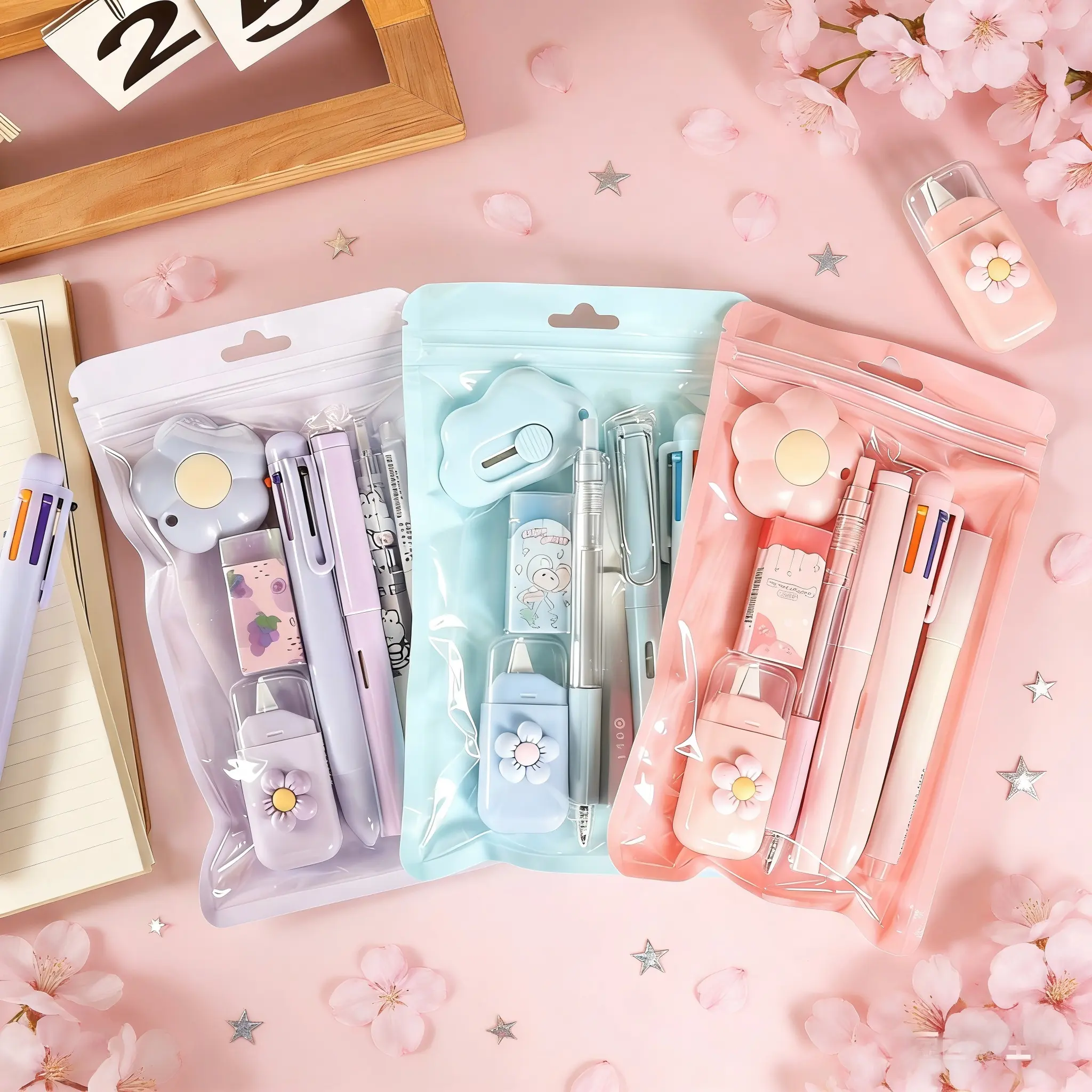 7-Piece Cute Office & School Stationery Back to School Haul - Perfect Gift Set with Electric Erasers, Pens, Money Savings Book for Homework, Birthdays, High-Value Student Souvenir, First Day Of School