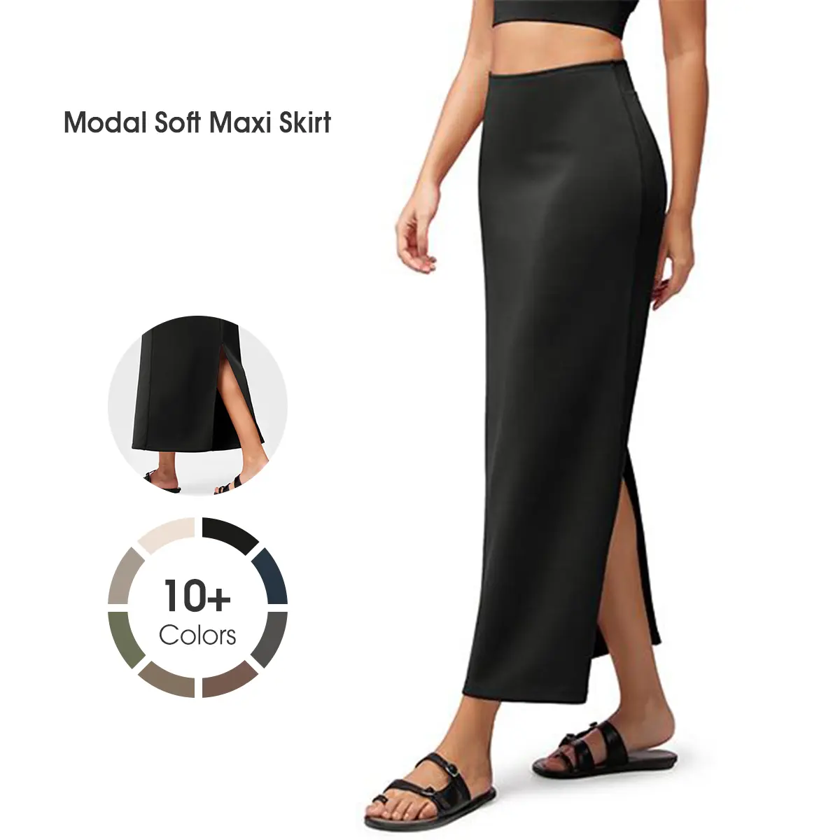 ODODOS Women's Chic Modal Fabric Maxi Skirt, High Waist Casual Long Pencil Bottom with Flat Waistband and Back Leg Slit, Fitted, Long Skirts, Polyester, All Season, Basic, Elastane, Elastic, Washable, M, Xs