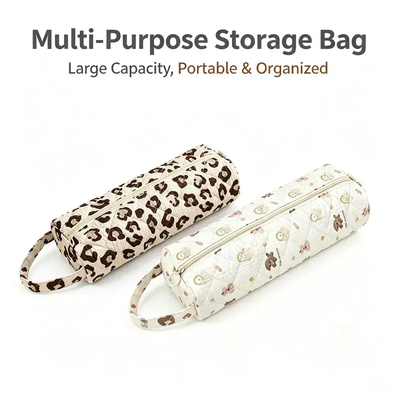 Cute Quilted Hair Dryer Storage Bag, Portable Cylindrical Travel Case with Hand Strap, Large Capacity Organizer Pouch for Hair Dryer, Curling Iron & Hair Styling Tools, Multi-Purpose Cosmetic Bag for Daily Use & Vacation