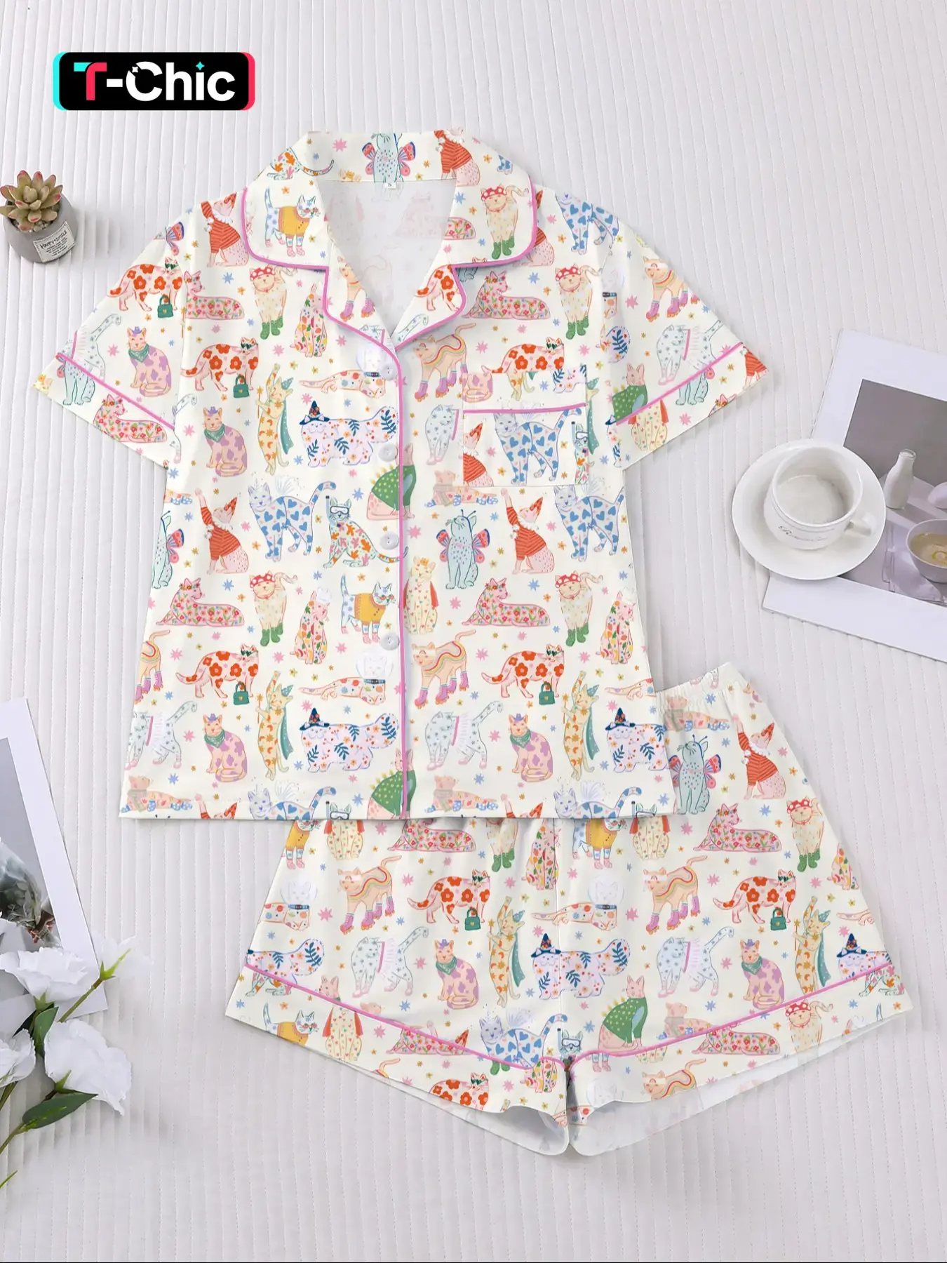 Women's 2-Piece Short Sleeve Sleepwear Loungewear Set, Cute Cat Family Design, Elegant Casual for Vacation, Comfortable Lapel Top & Wide Leg Shorts, Pajama Set