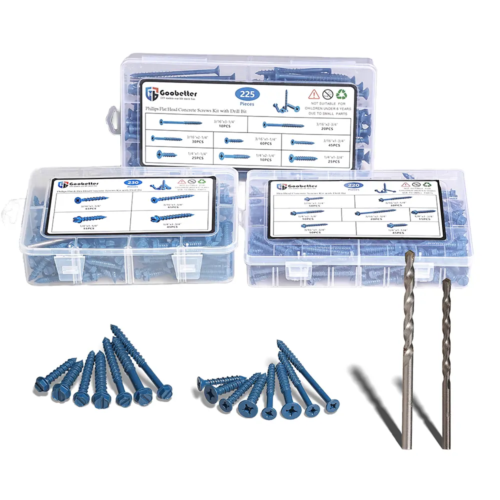 Concrete Screws with Drill Bit, 230Pcs Concrete Screws 1/4 3/16 Assortment Kit, Flat & Hex Head Masonry Block Brick Cement Screws and Anchors, Concrete Screws No Pre Drilling, Diamond Point