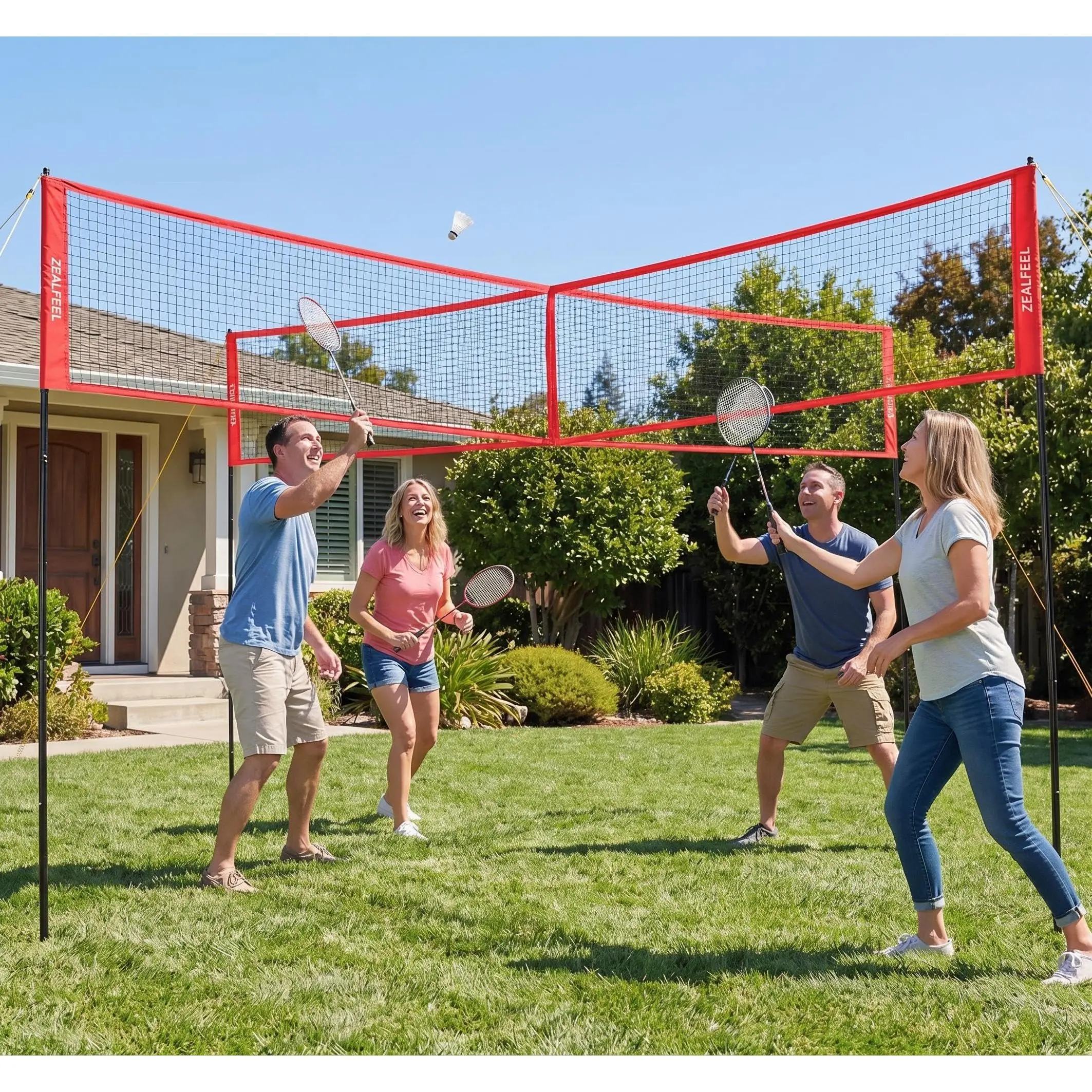 4 Square Volleyball Net Set with 3 Adjustable Heights, 14FT Cross PE System, for Backyard or Beach, Includes Ball, Pump, Carry Bag, Hammer, Outdoor Team Games