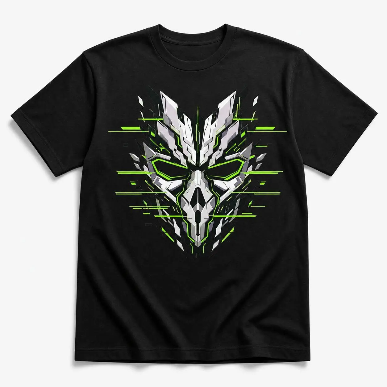 Neon Fracture Mask Graphic T-Shirt, Cybercore Streetwear Tee, Unisex Short Sleeve Abstract Sci-Fi Glitch Shirt