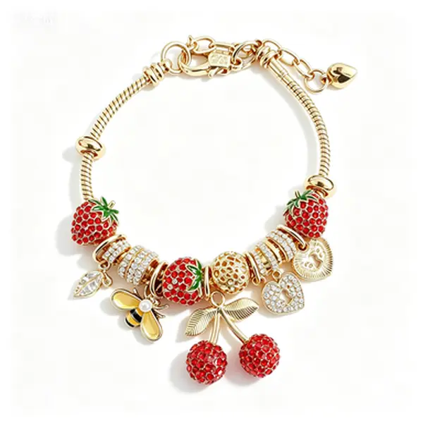 Cute Red Strawberry Cherry Bee Charm Bracelet, Gold Adjustable Snake Chain Beaded Bracelet, Rhinestone Fruit Heart Pendant Wrist Jewelry, Sweet Summer Fruit Bracelet Gift for Teen Girls Women Fruit Lovers