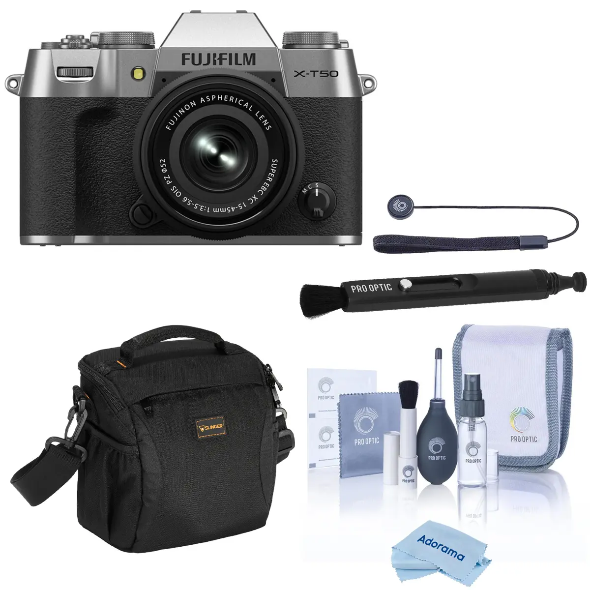 Fujifilm X-T50 Mirrorless Camera with XC 15-45mm f/3.5-5.6 OIS PZ Lens with Universal Lens Cap Tether, Complete Optics Care and Cleaning Kit, Microfiber Cleaning Cloth, Small, 5.8x5.8, Lens Pen Lens Cleaner, and Alpine 140 Multi-Device Shoulder Bag