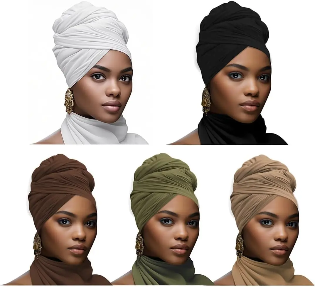 5PS Stretch African Head Wraps for Five-color set Women - Long Jersey Turban Headwraps, Head Scarf, Headbands (Black, White, Gamel, Army Green, Coffee)