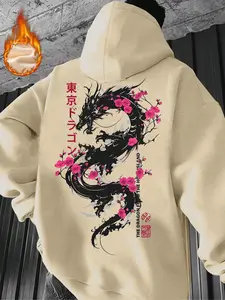 TikTok Viral "Tokyo Dragon Sakura" Fleece-Lined Hoodie - Soft Comfy Lounge Homewear, Fitted, & Japanese Street Style Outfit with Intricate Dragon & Cherry Blossom Prints, Kanji, Graphic, Perfect for Relaxing at Home, Urban Anime Looks