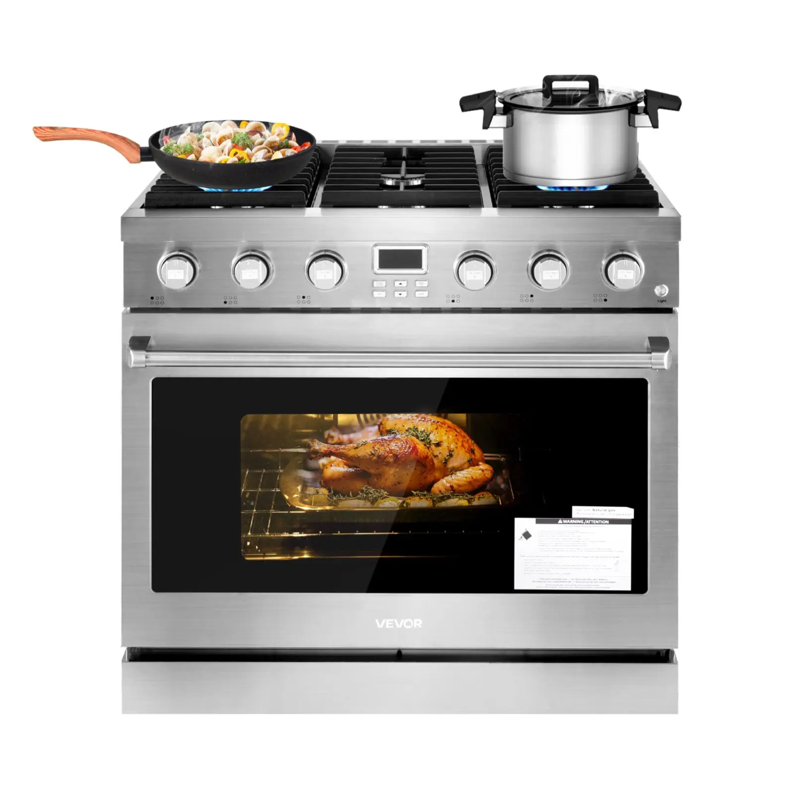 VEVOR Freestanding Stainless Steel Gas Range Oven - 35.9" Width, 6 Sealed High-Efficiency Gas Cooktop Burners, Easy-Reach Racks, Halogen Light, 6.0 Cu. Ft. Capacity, 21.38 lbs/97 kg, 35.8x29.9x37.7 in, Easy-Clean, Ideal Kitchen Choice for Home Use, 6 Seal