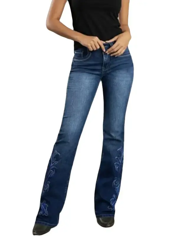 Womens Blue Embroidered Bootcut Jeans Western Denim Pants
