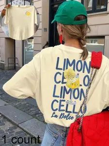 Lemon Print Casual Fitted Knit T-Shirt for Women, Short Sleeve Round Neck Top, Summer & Spring Wear, Comfortable Daily Tee, Fabric