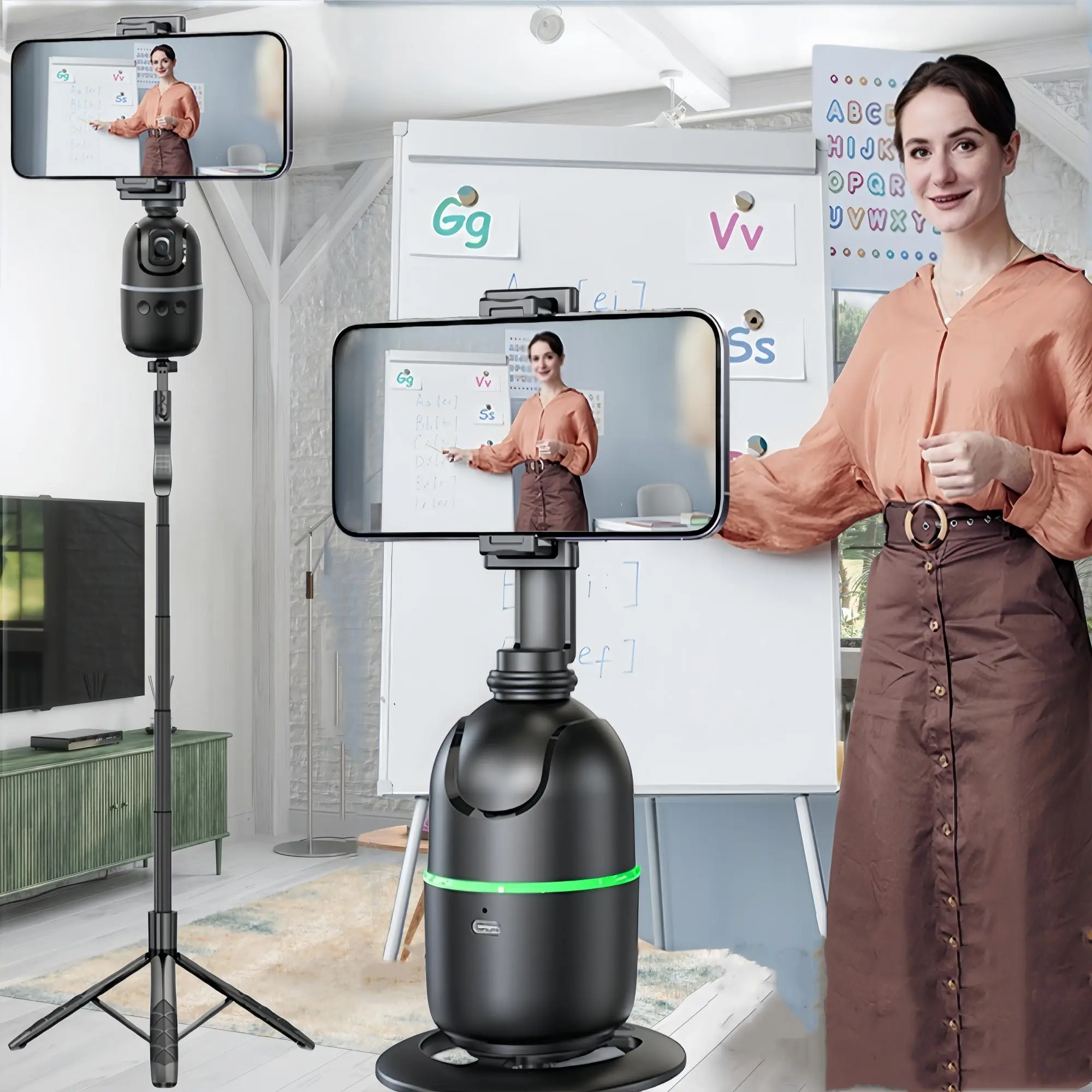 Intelligent Follow-Up Pan Tilt, 1 Set 360° Panoramic Automatic AI Facial Recognition Mobile Desktop Live Streaming Fill Light Bracket, Wireless Remote Shutter