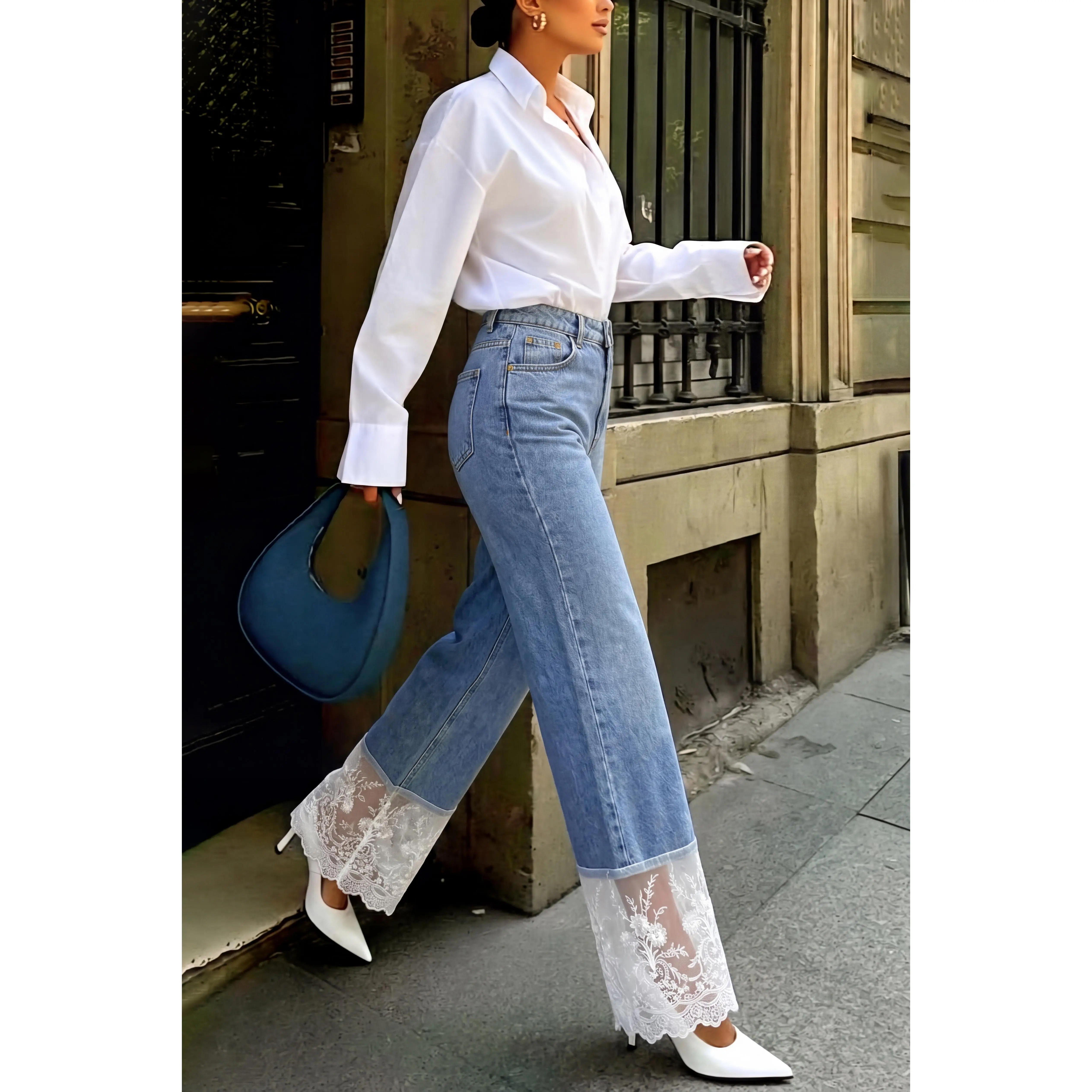 Denim Patchwork Lace Trim Pocket Jeans